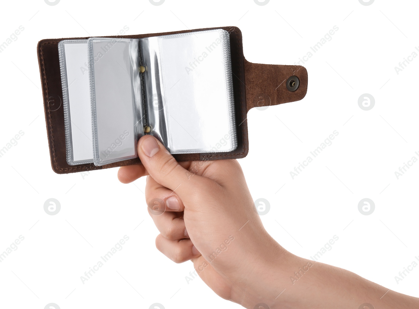 Photo of Man holding leather business card holder with blank cards on white background, closeup