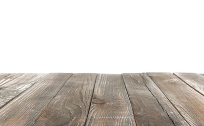 Empty wooden table surface on white background