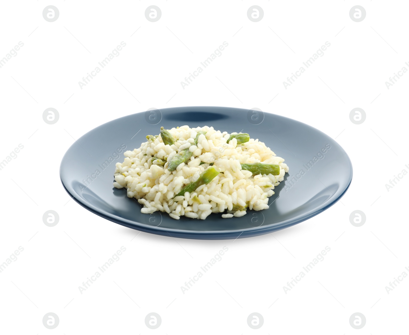 Photo of Delicious risotto with asparagus isolated on white