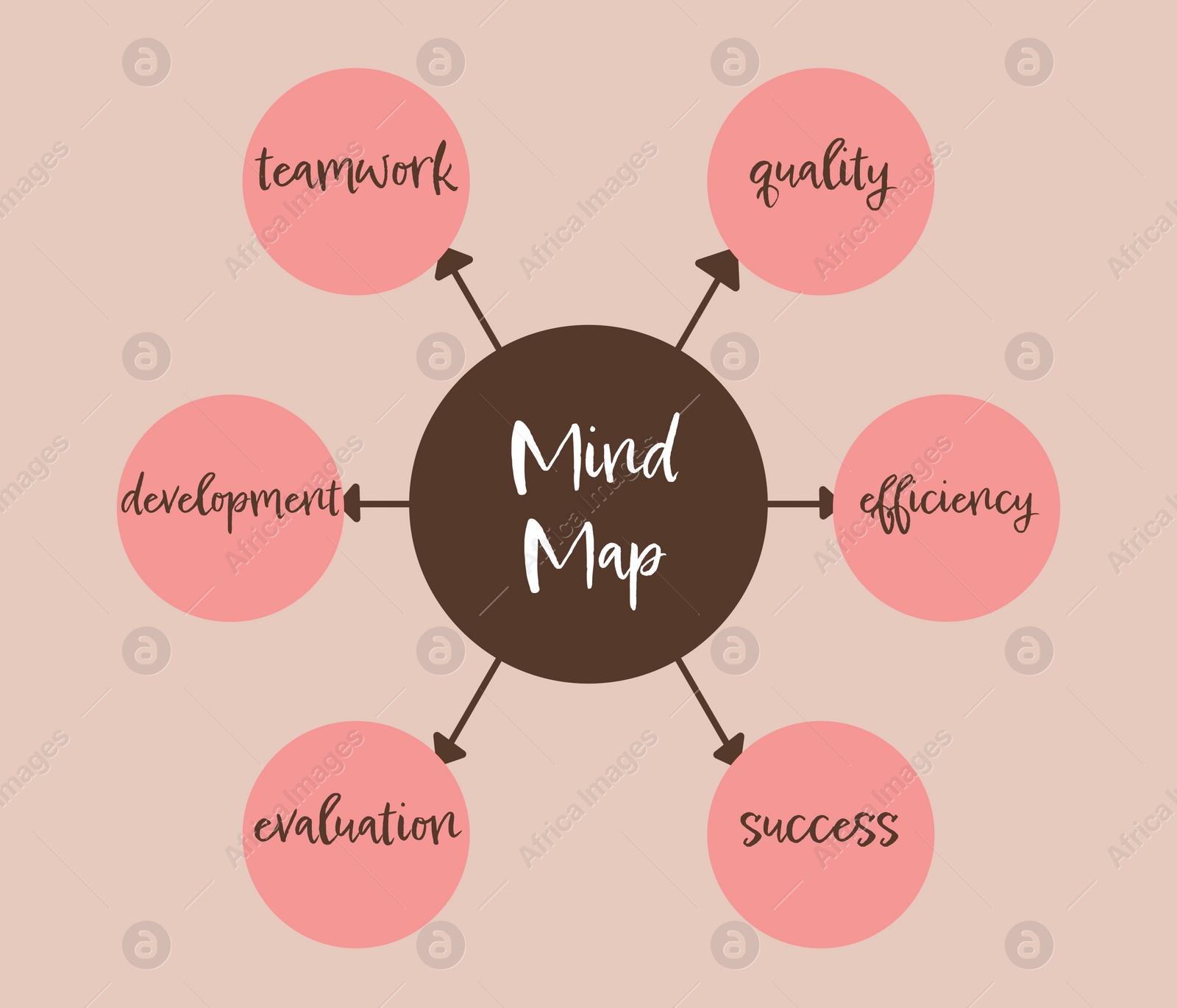 Illustration of Mind map. Circles with words (Teamwork, Quality, Efficiency, Success, Evaluation, Development) connected to biggest one on beige background