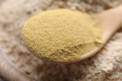 Photo of Beer yeast powder and flakes, closeup view. Effective remedy