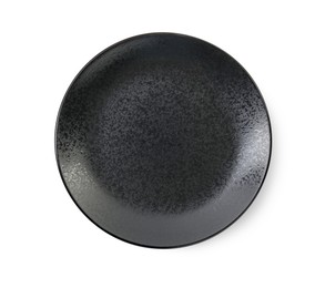 Photo of One black ceramic plate isolated on white, top view