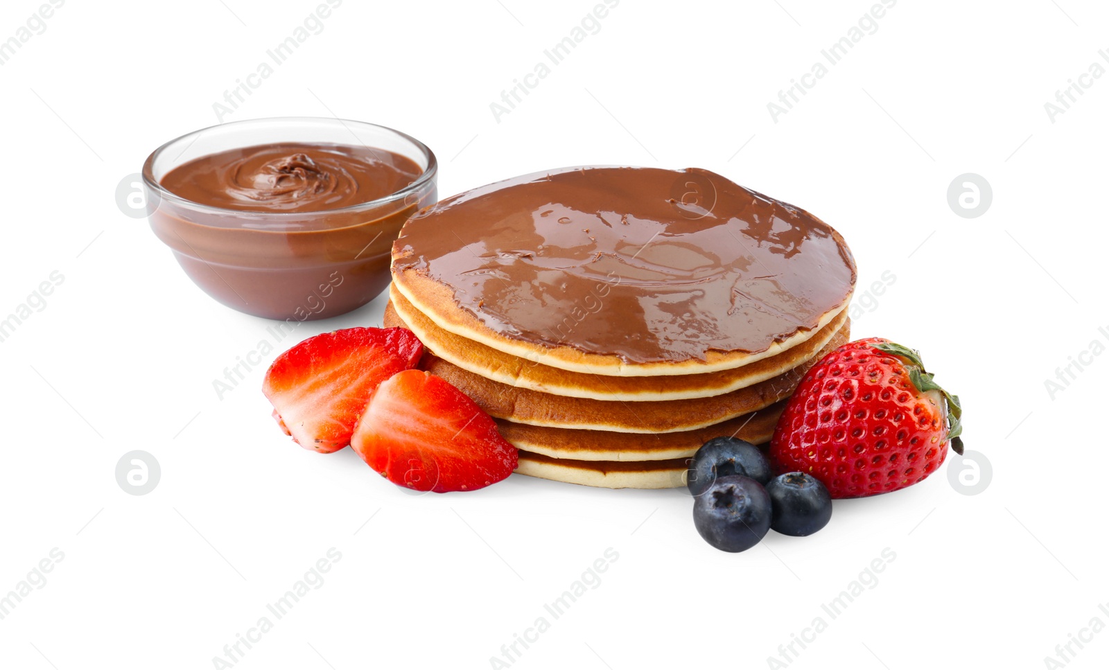 Photo of Tasty pancakes with chocolate paste and berries isolated on white