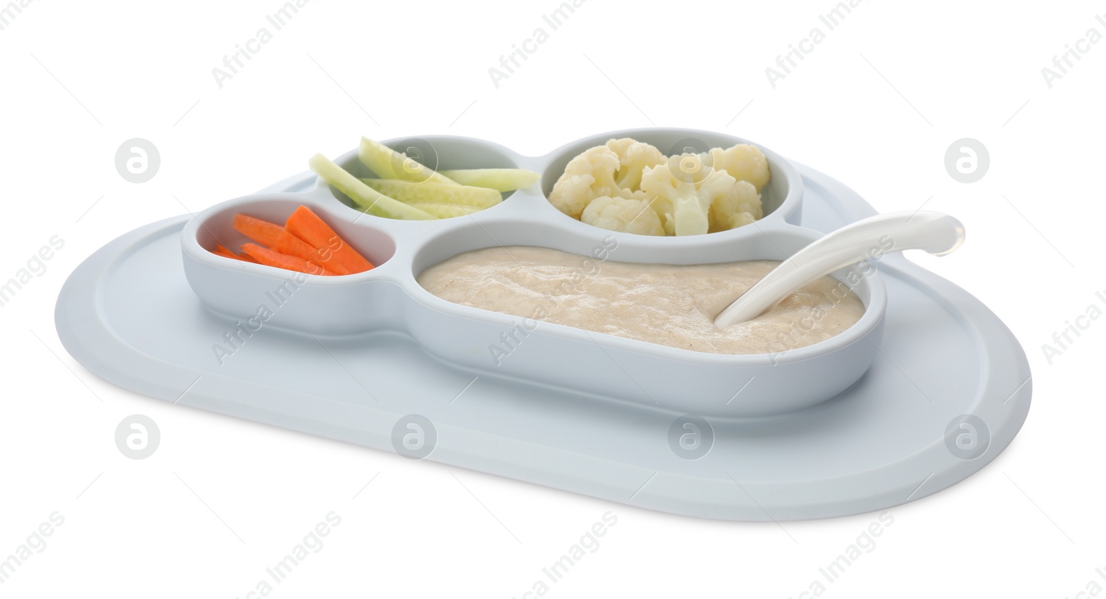 Photo of Healthy baby food in plate on white background