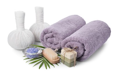 Photo of Different spa supplies and floral decor isolated on white