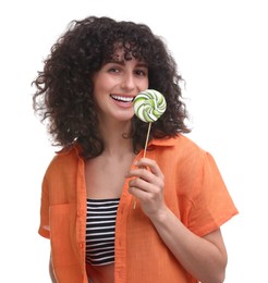 Beautiful woman with lollipop on white background