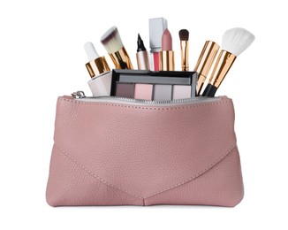 Photo of Different luxury decorative cosmetics and brushes in pink case on white background