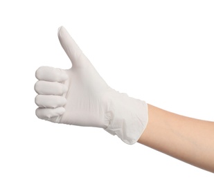 Doctor in medical gloves showing thumb up on white background, closeup