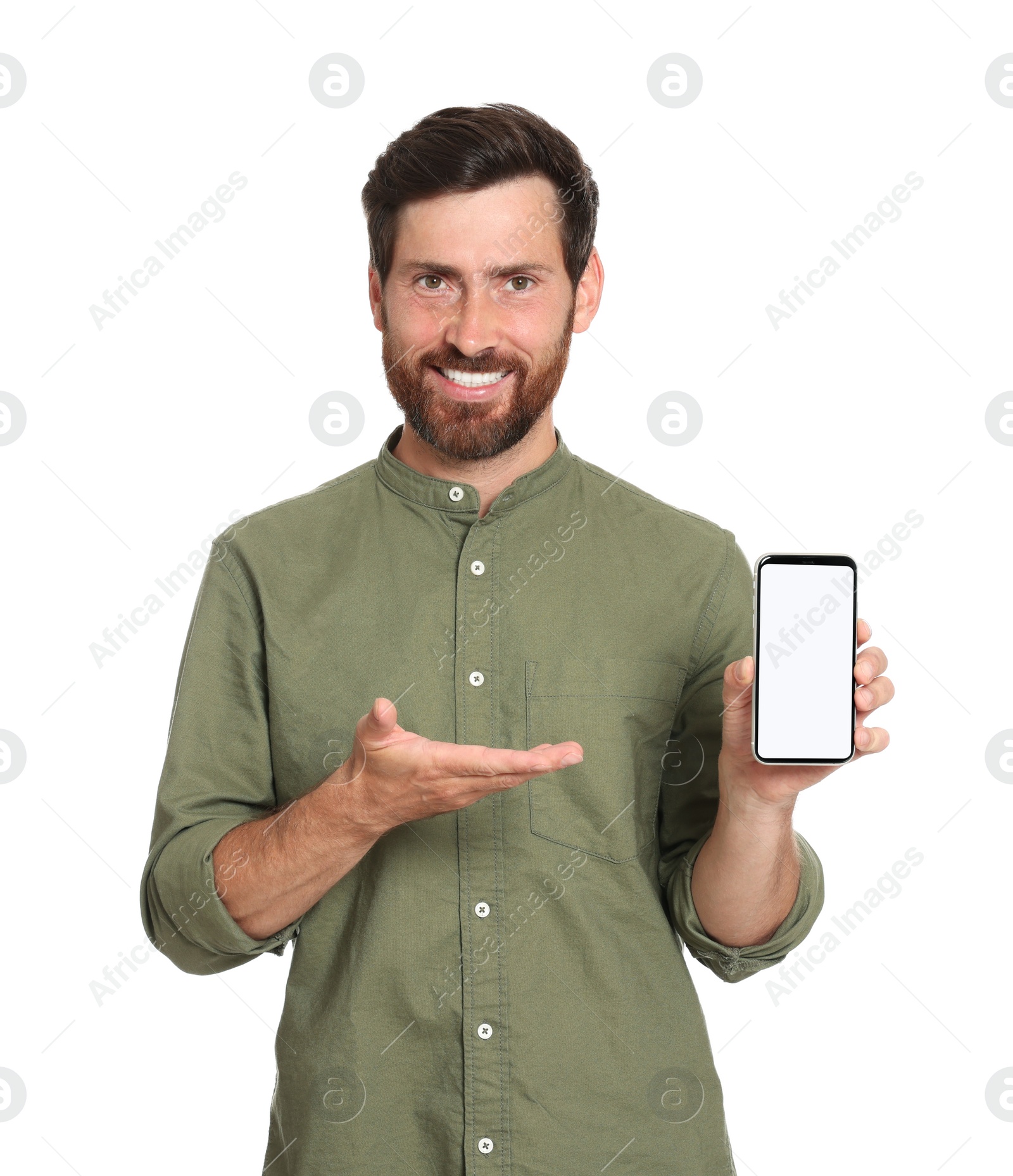 Photo of Happy man with phone on white background