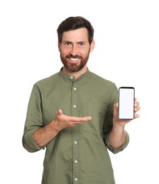 Happy man with phone on white background