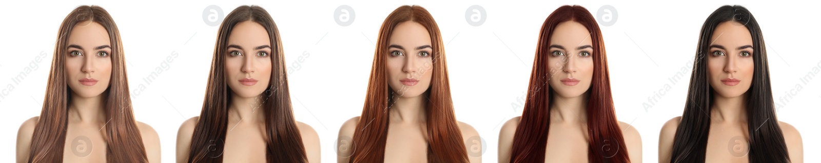 Image of Collage with photos of beautiful young woman with different hair colors on white background. Banner design