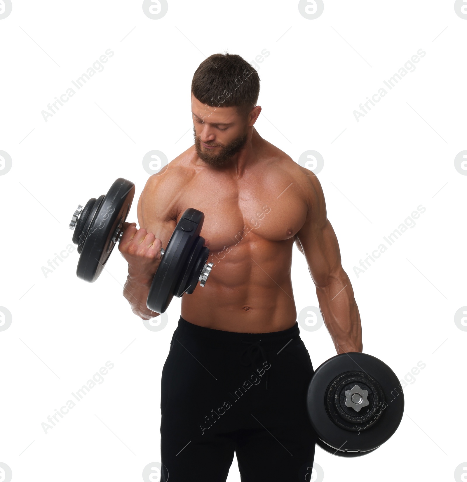 Photo of Young bodybuilder exercising with dumbbells on white background