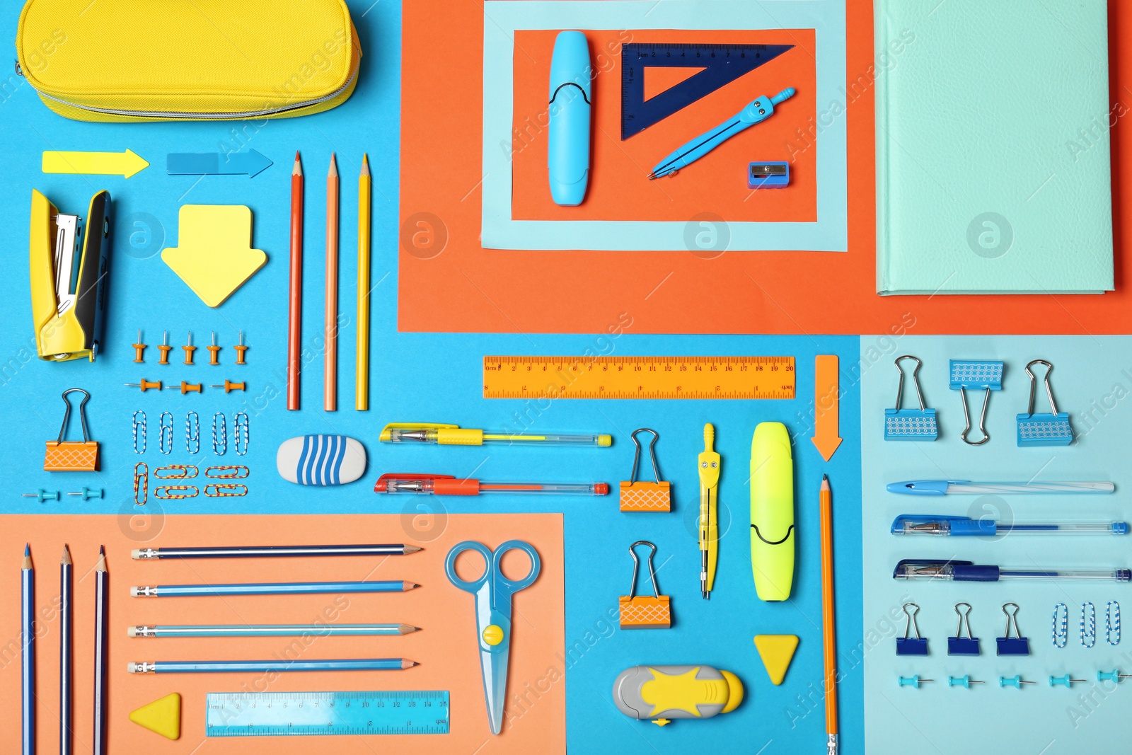 Photo of Flat lay composition with different school stationery on color background