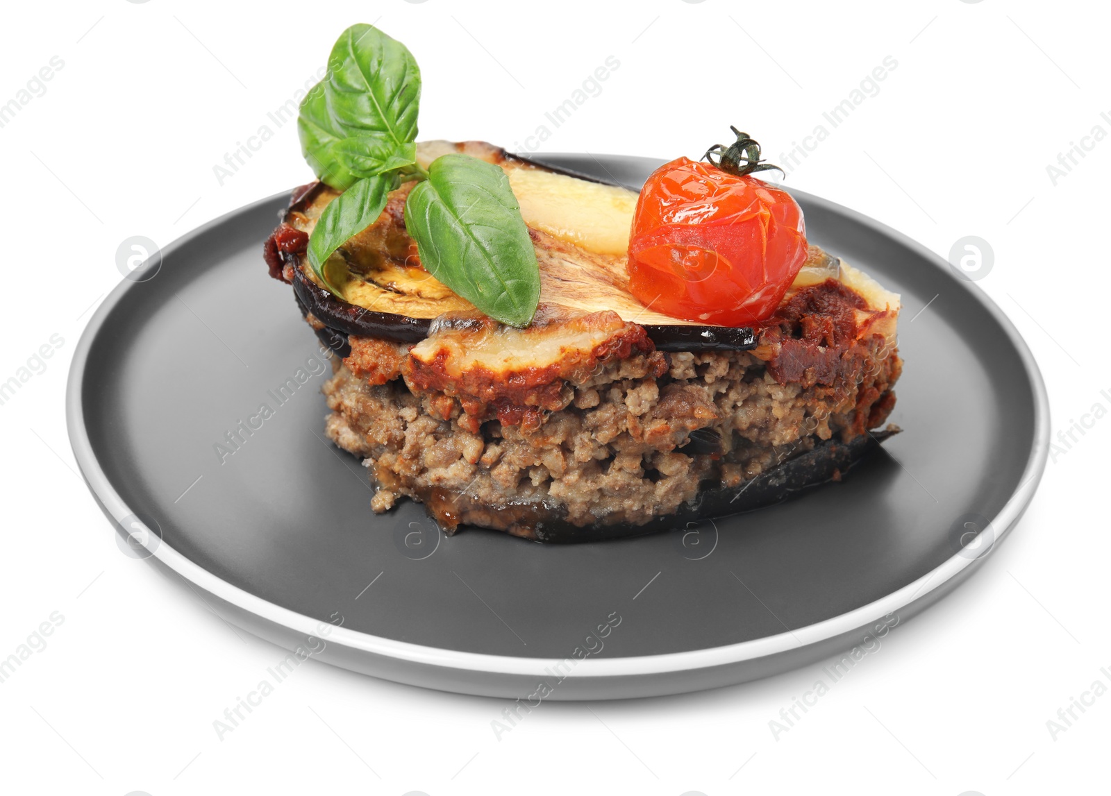 Photo of Plate of delicious eggplant lasagna isolated on white