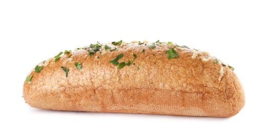 Photo of Loaf of bread with garlic and herb on white background