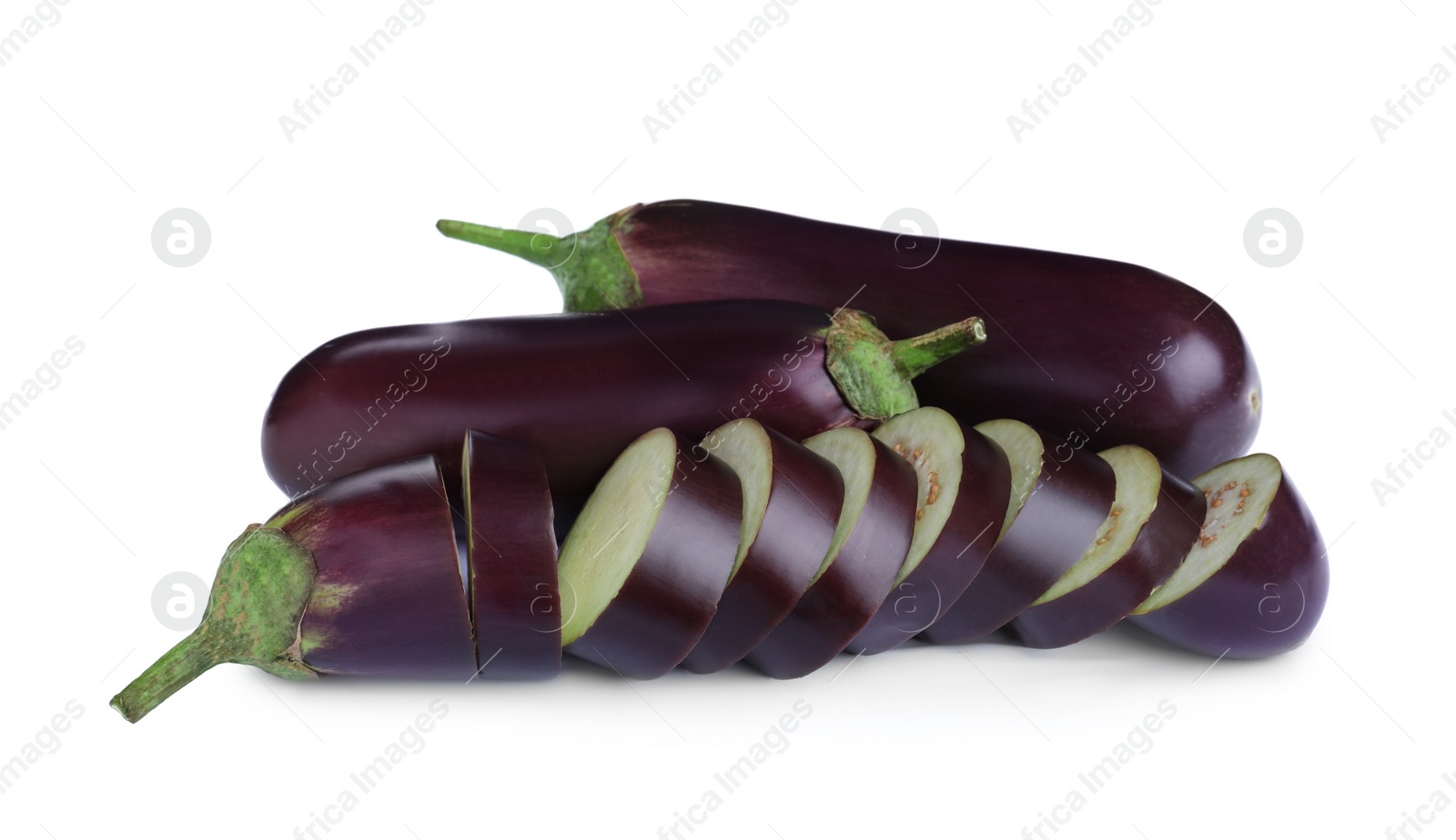 Photo of Cut and whole fresh ripe eggplants on white background