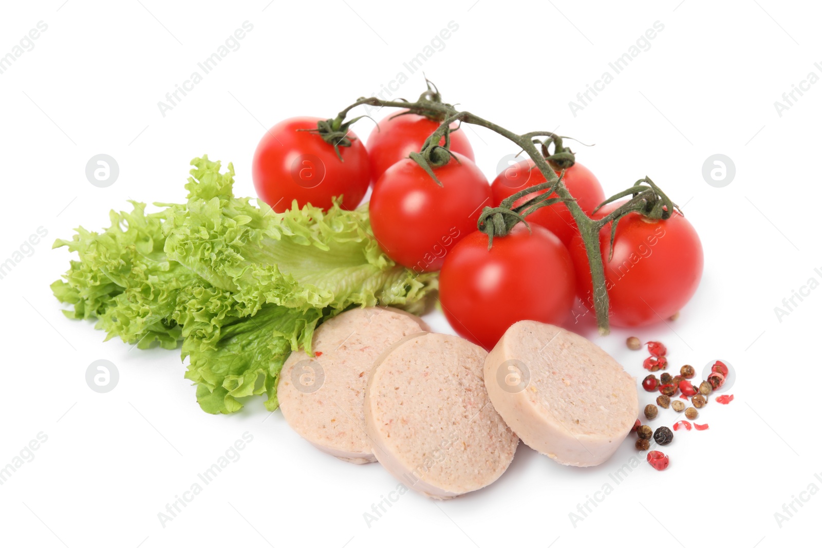 Photo of Slices of delicious liver sausage, tomatoes, lettuce and peppercorns on white background