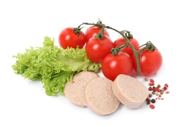 Photo of Slices of delicious liver sausage, tomatoes, lettuce and peppercorns on white background