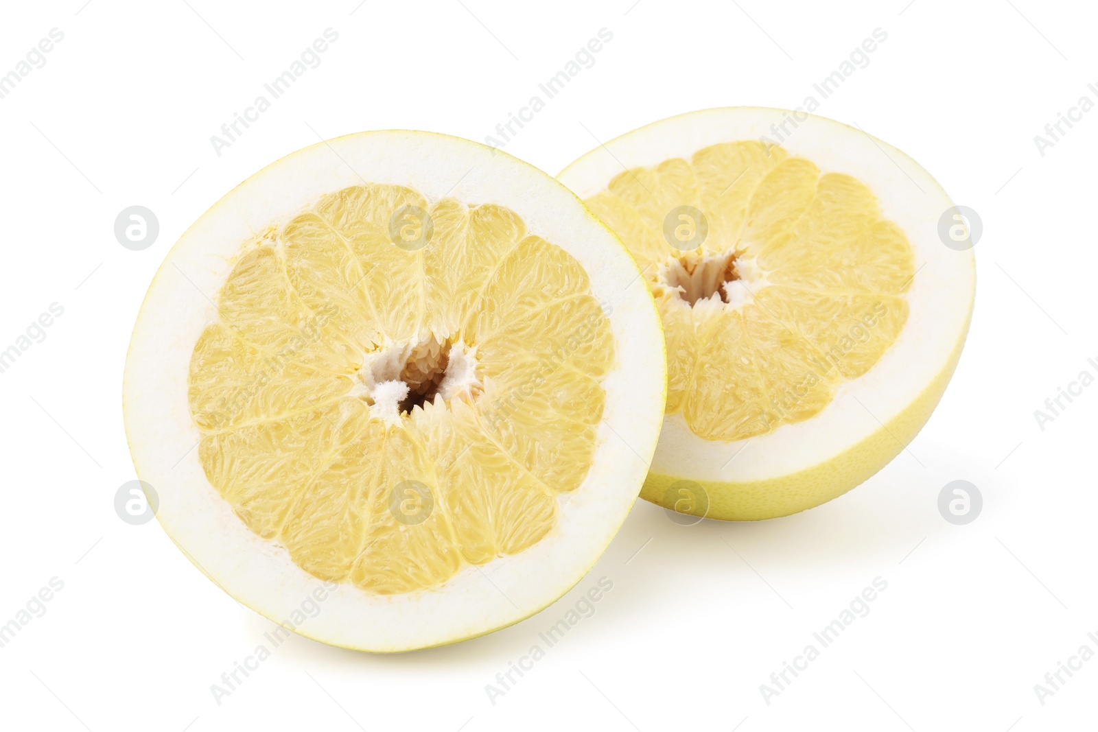 Photo of Halves of tasty pomelo fruits isolated on white