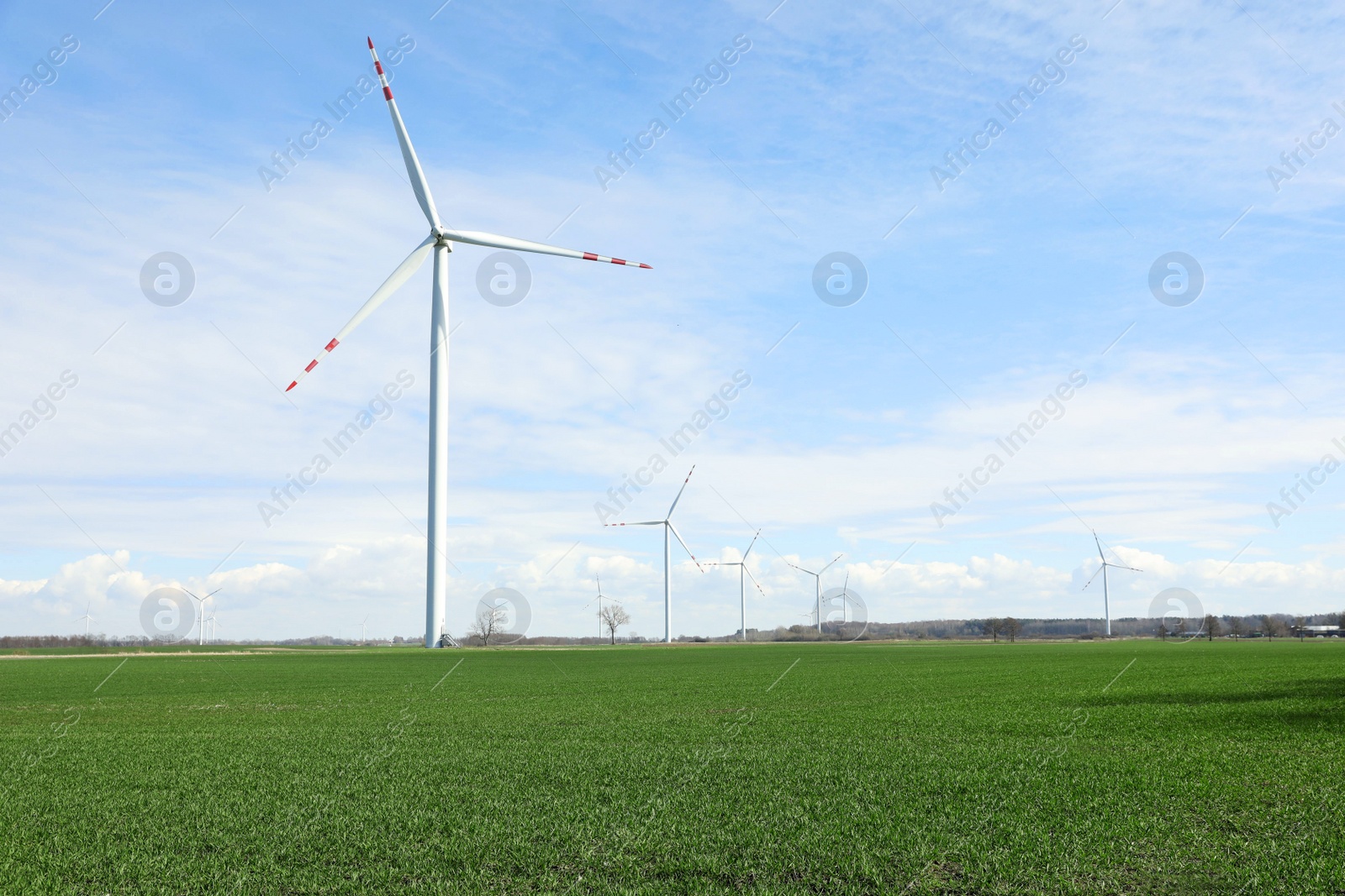 Photo of Modern wind turbines in field on sunny day. Alternative energy source