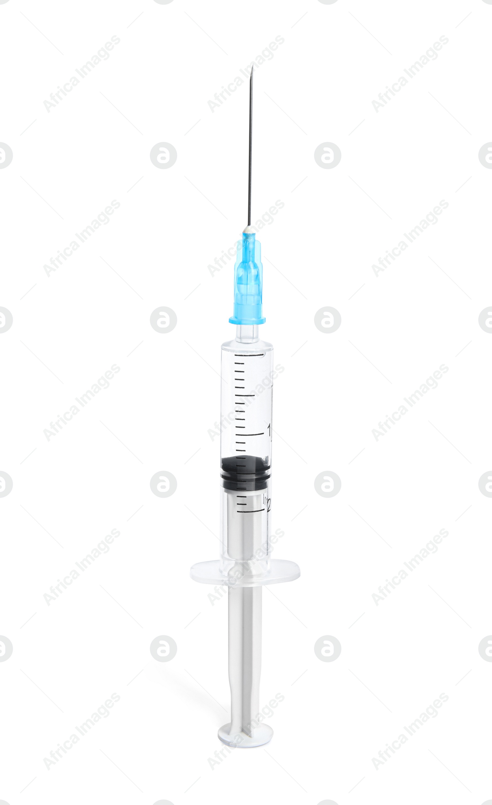 Photo of Syringe with medication isolated on white. Vaccination and immunization