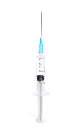 Syringe with medication isolated on white. Vaccination and immunization