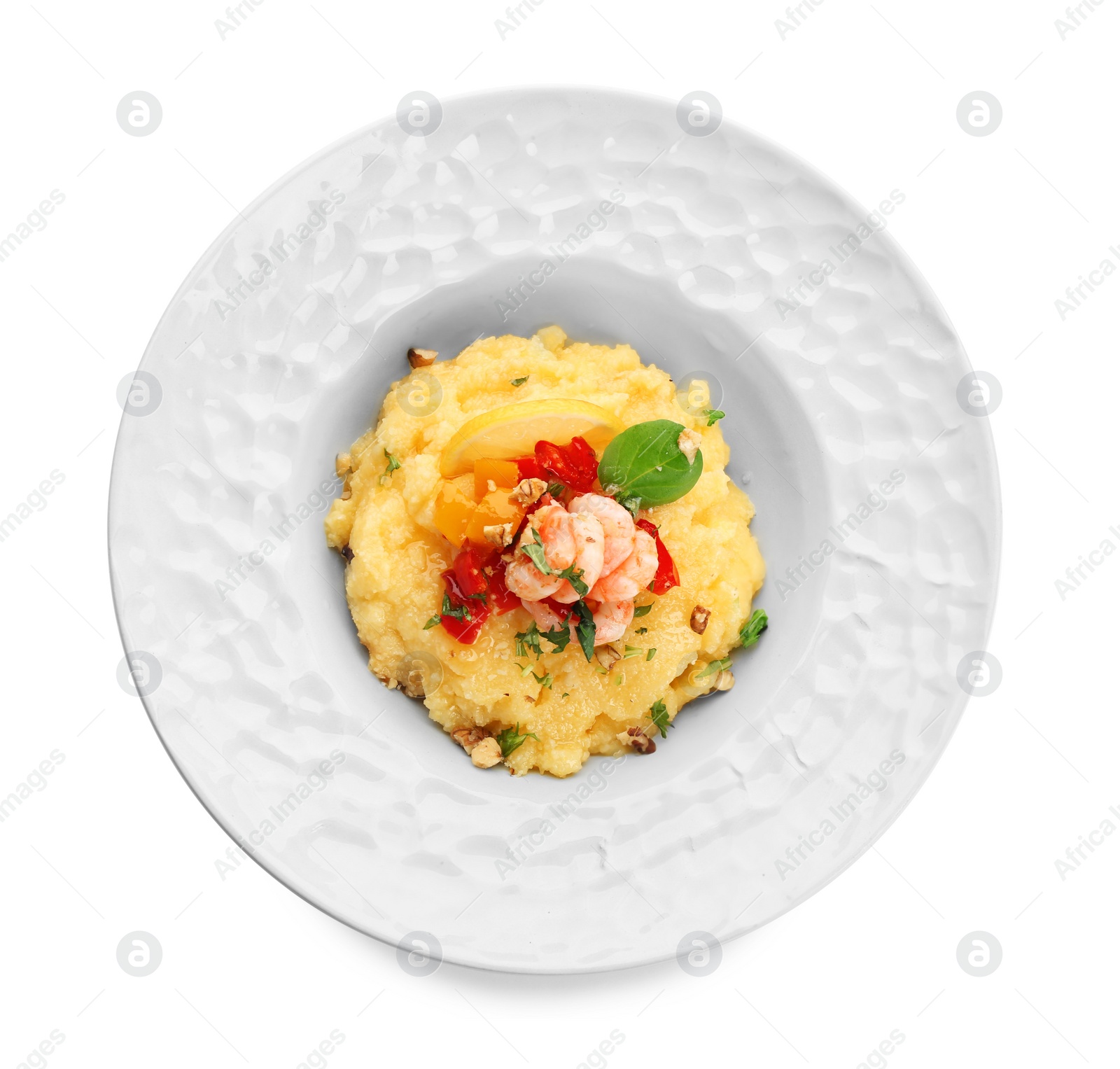 Photo of Plate with tasty shrimps and grits on white background, top view