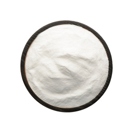 Photo of Wooden plate of baking soda isolated on white, top view