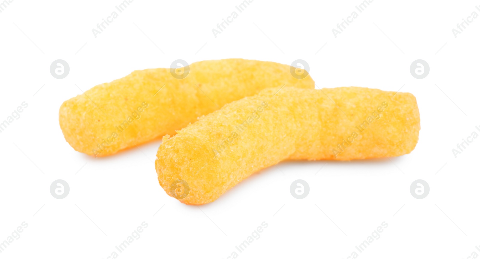 Photo of Two tasty cheesy corn puffs isolated on white