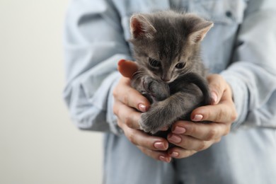 Photo of Woman with cute fluffy kitten on grey background, closeup