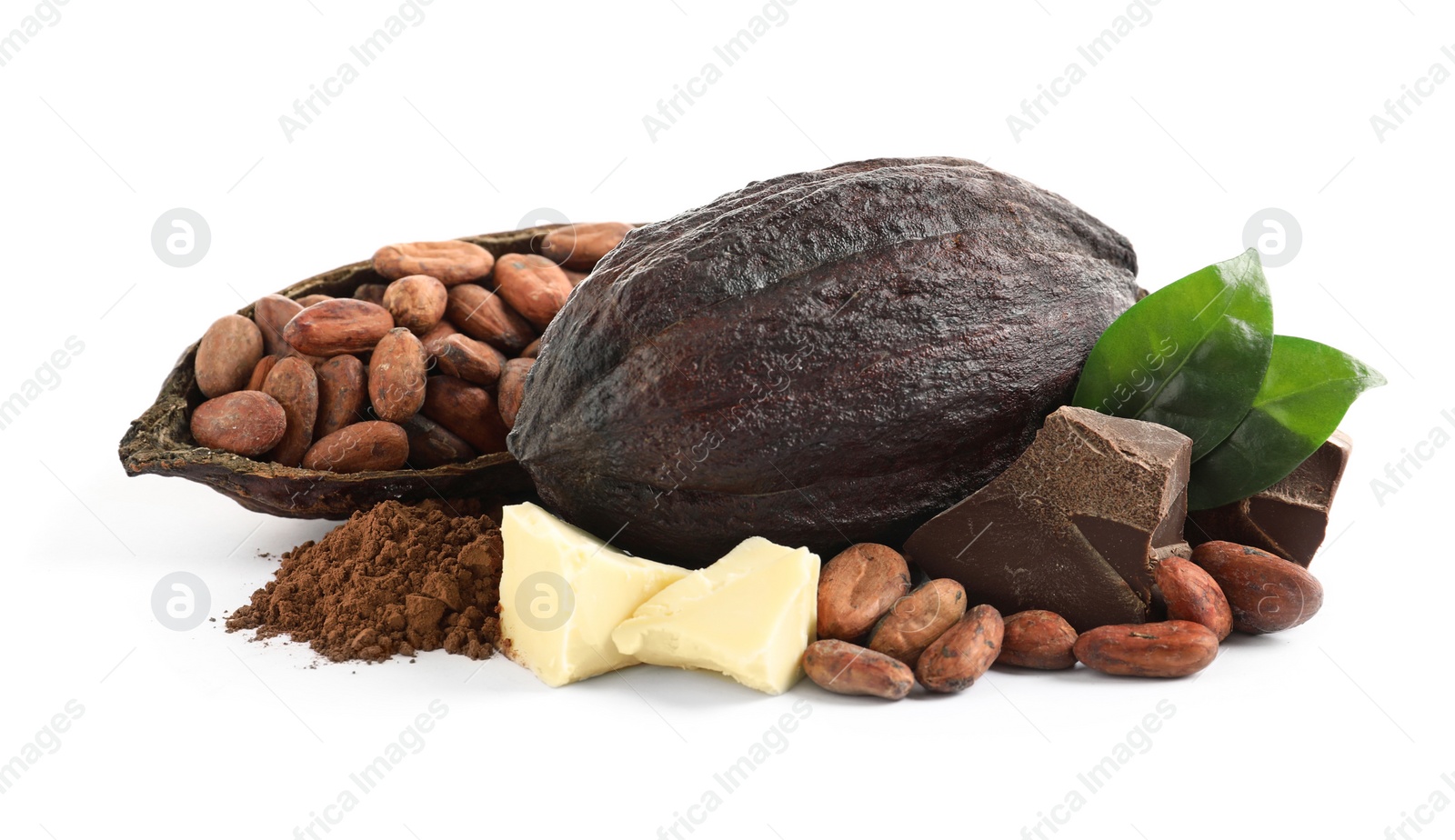 Photo of Composition with cocoa products on white background