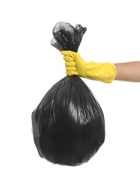 Woman holding full garbage bag on white background