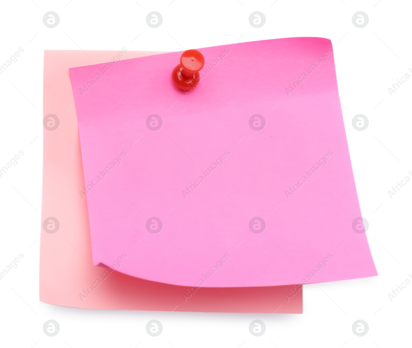 Photo of Blank pink notes pinned on white background, top view