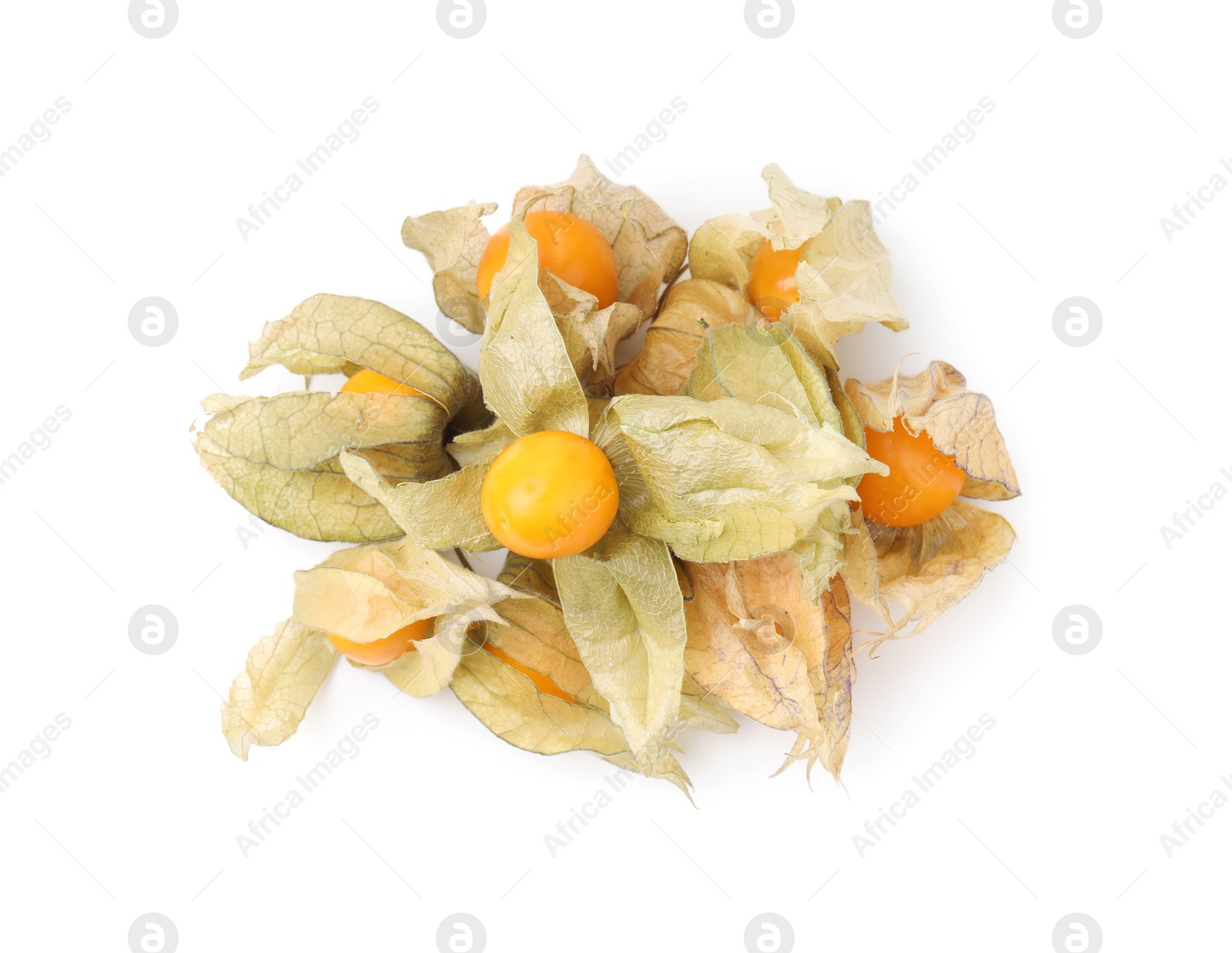 Photo of Many ripe physalis fruits with calyxes isolated on white, top view