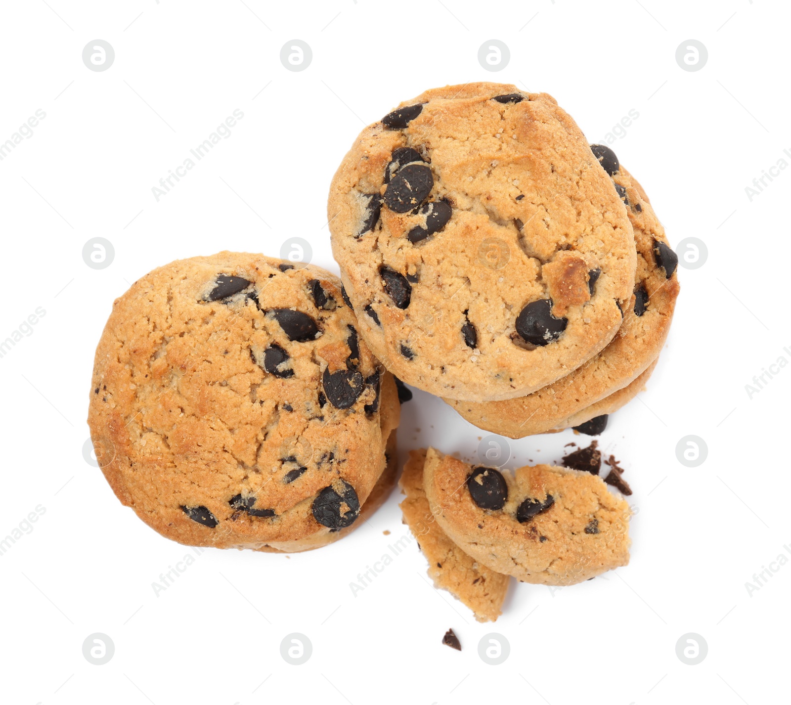 Photo of Tasty chocolate chip cookies on white background, top view