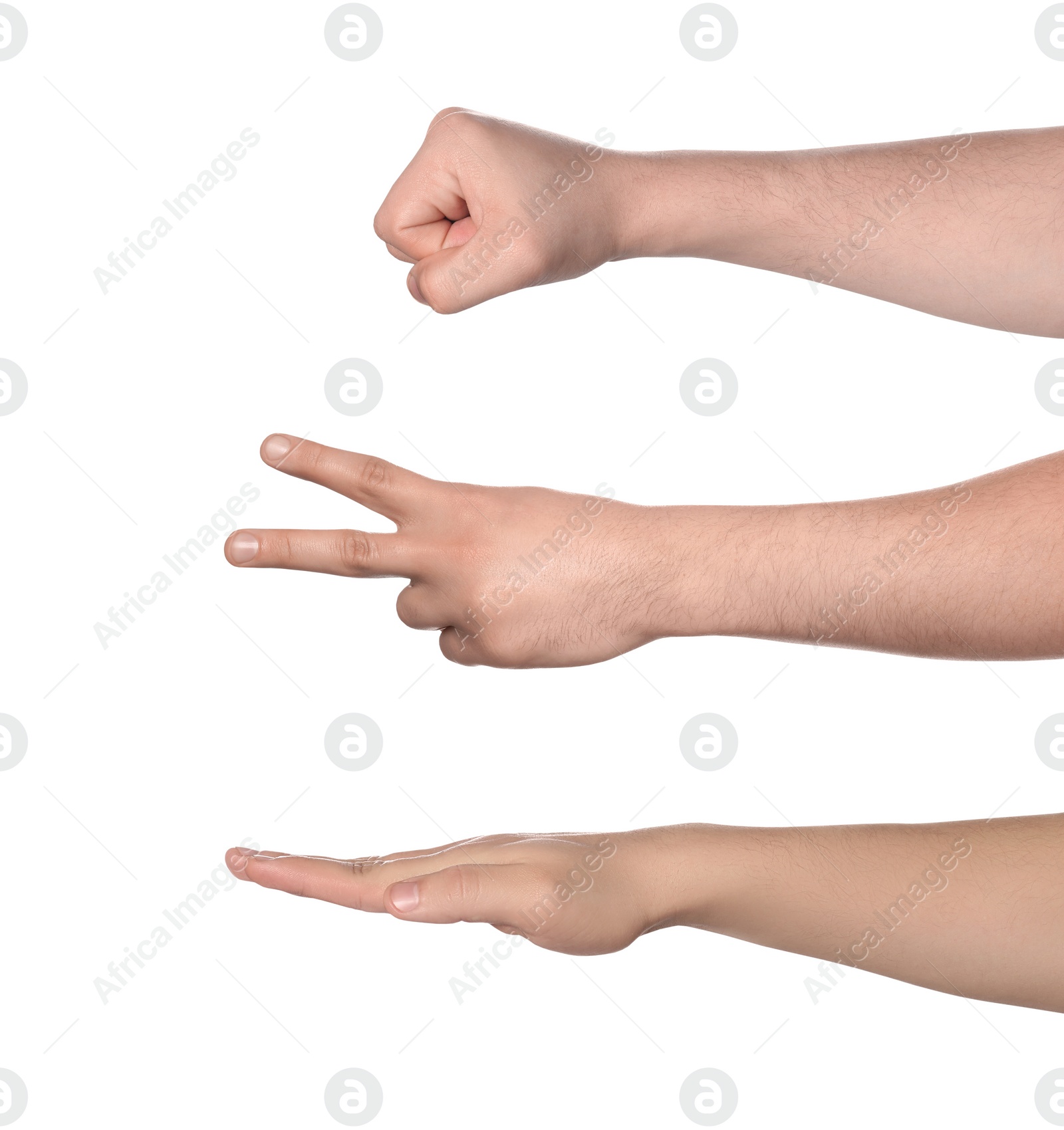 Image of People playing rock, paper and scissors on white background, closeup