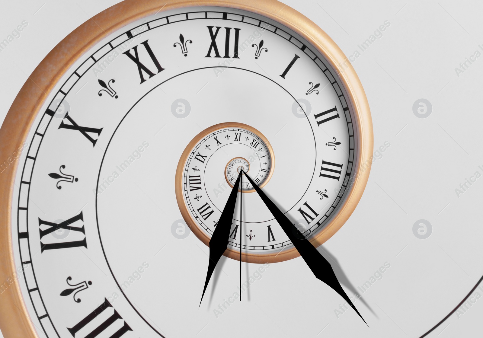 Image of Infinity and other time related concepts. Clock hands and twisted hour numbers. Spiral effect