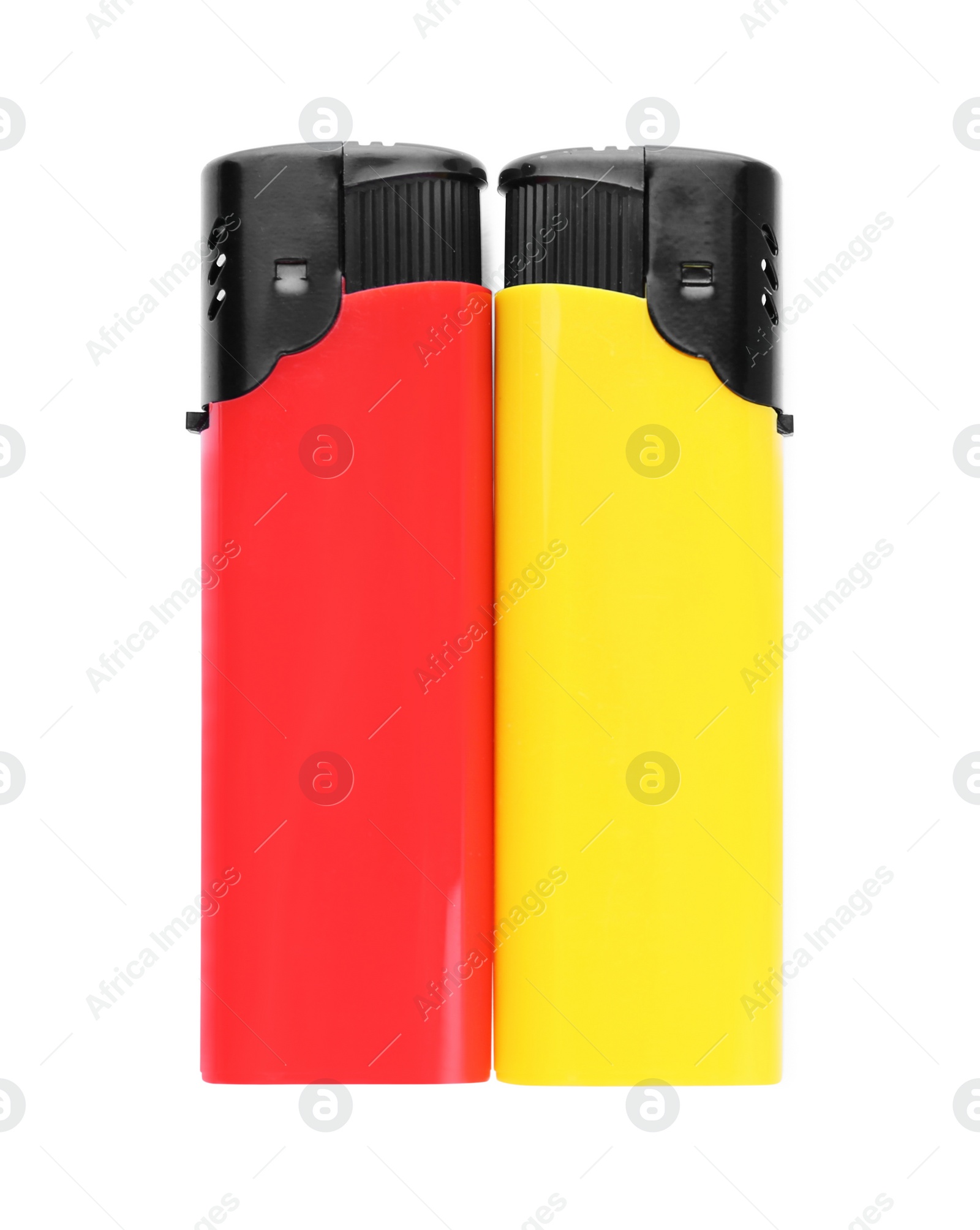 Photo of Stylish small pocket lighters on white background, top view