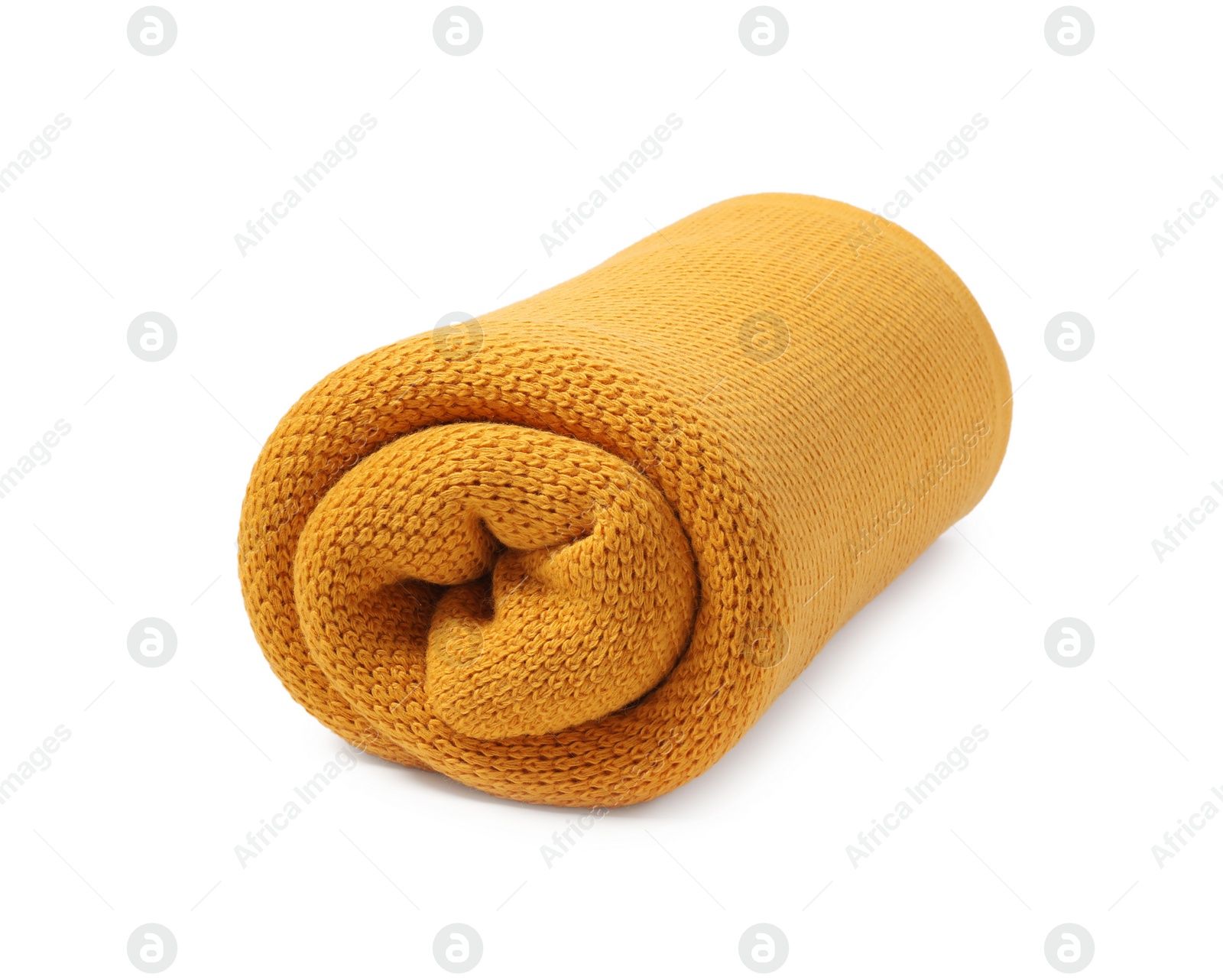 Photo of Beautiful yellow knitted blanket isolated on white