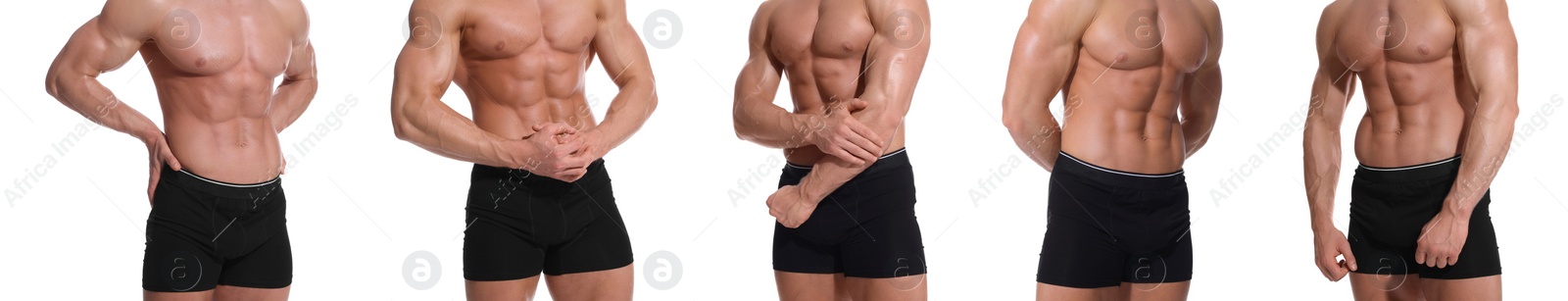 Image of Man in stylish black underwear on white background, set of closeup photos