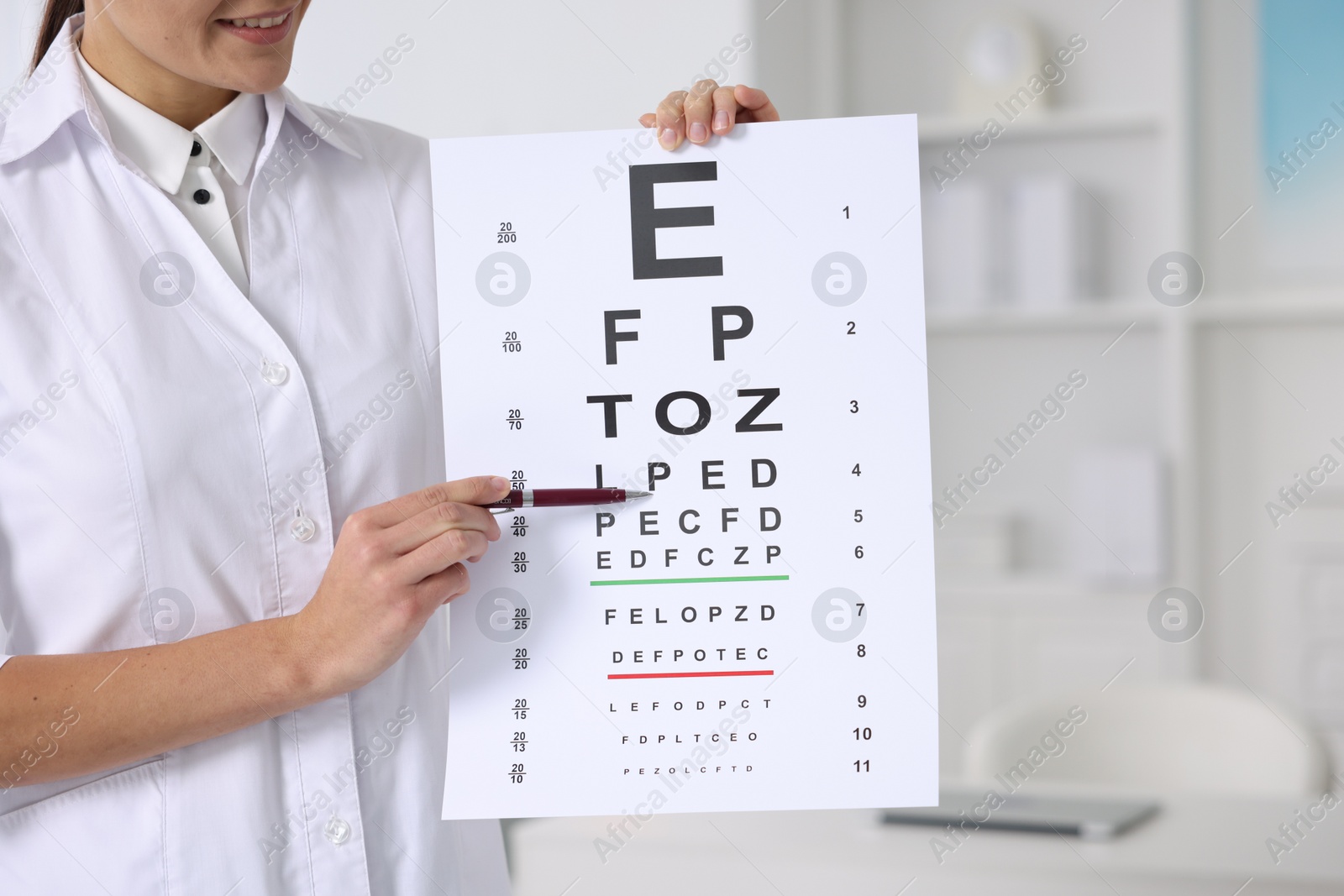 Photo of Ophthalmologist pointing at vision test chart in clinic, closeup