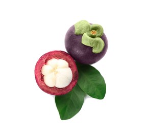 Photo of Fresh mangosteen fruits with green leaves on white background, top view