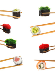 Image of Set of different delicious sushi and rolls on white background