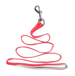 Photo of New red dog leash isolated on white, top view