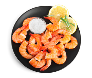 Delicious cooked shrimps served with lemon, salt and rosemary on white background, top view