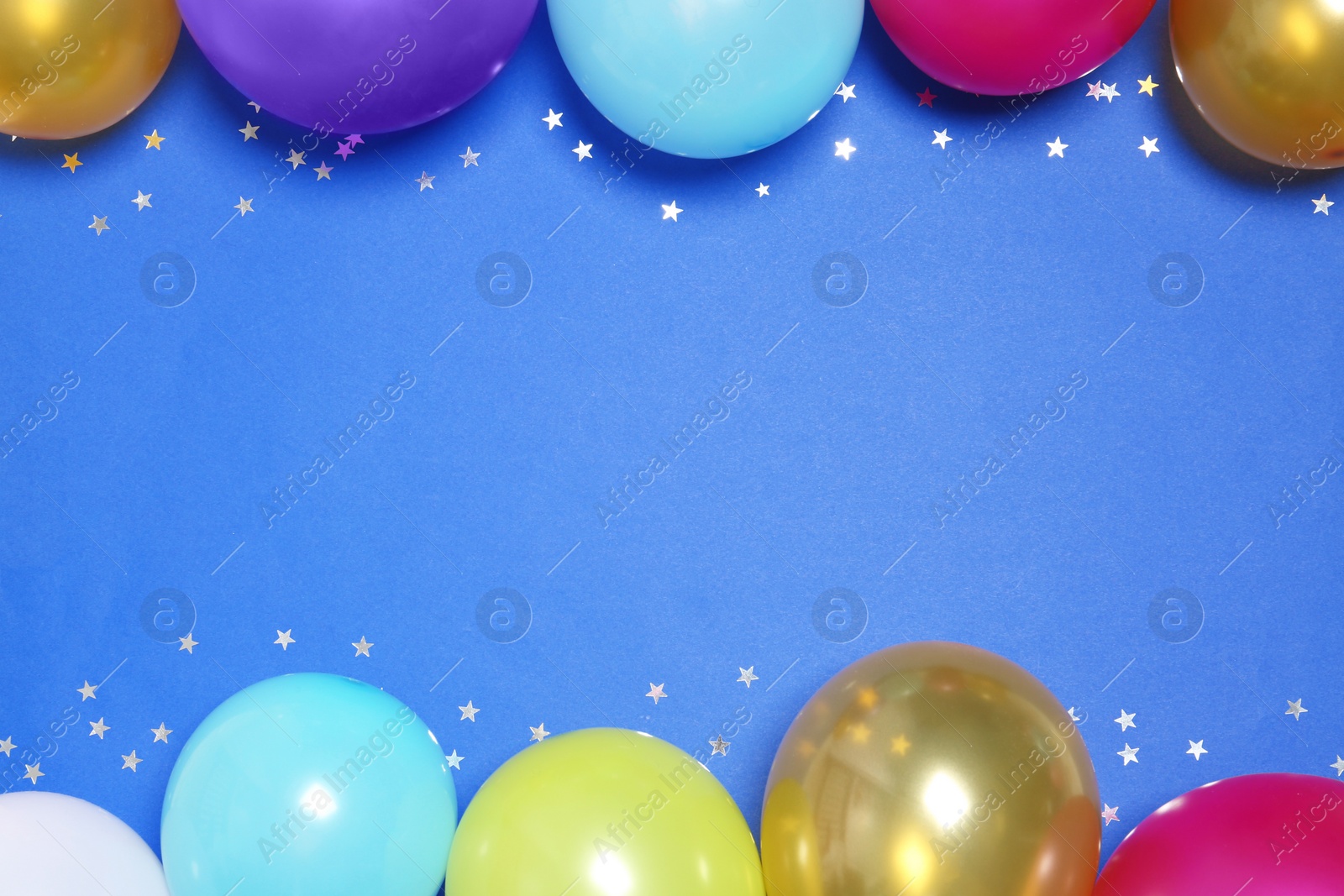 Photo of Flat lay composition with balloons and space for text on color background