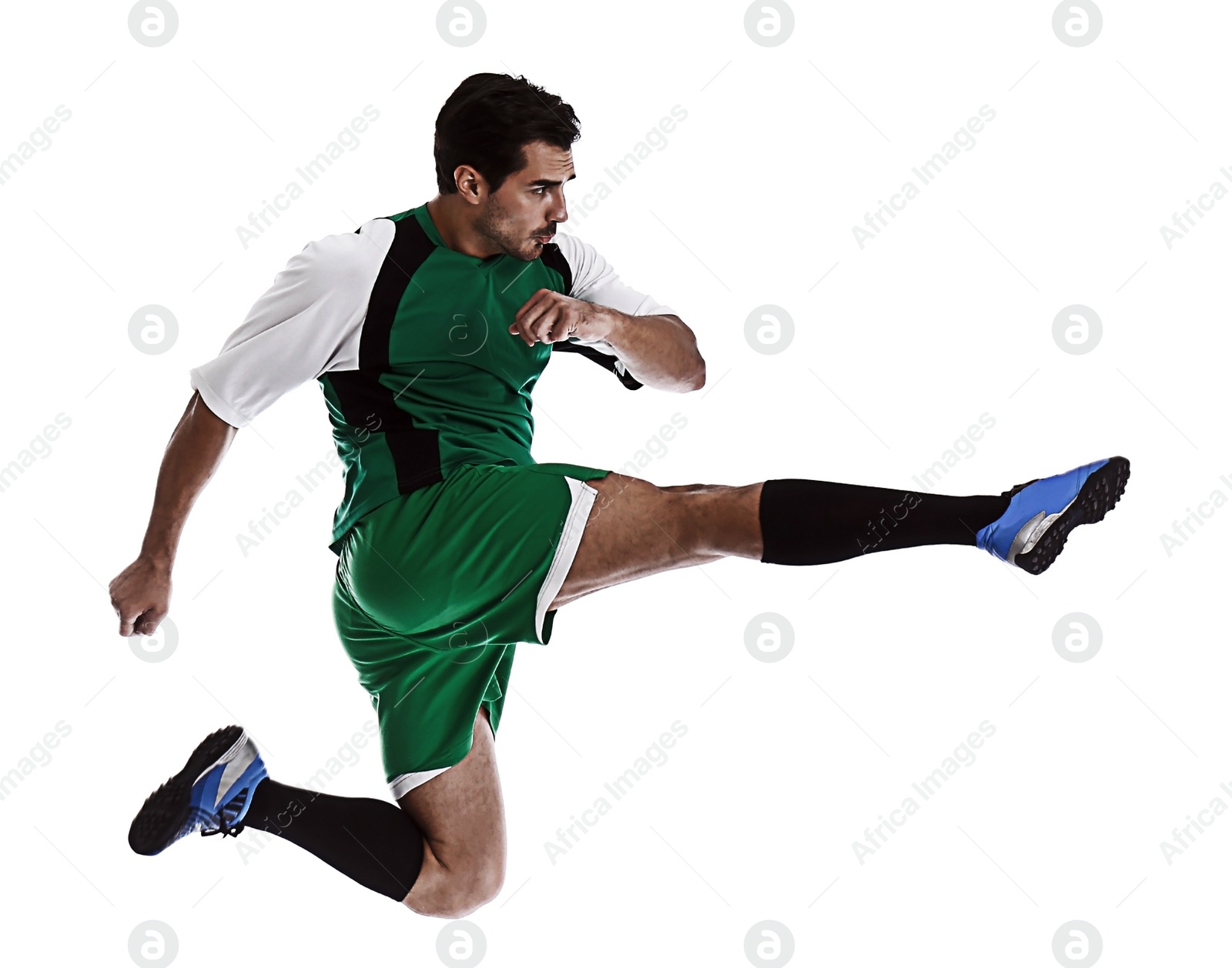 Image of Young man playing football on white background