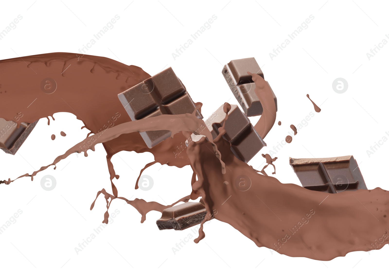 Image of Choco bars and splashes of delicious chocolate milk on white background