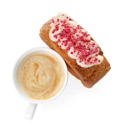 Round croissant with cream and cup of coffee isolated on white, top view. Tasty puff pastry