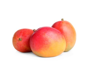 Photo of Delicious ripe juicy mangoes on white background